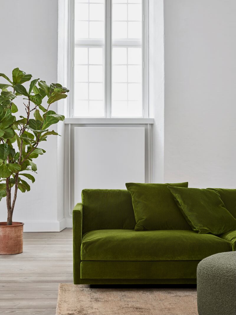 Green velvet Great Ash sofa with cushions, €4,360 from Nordic Elements, Blackrock, Co Dublin