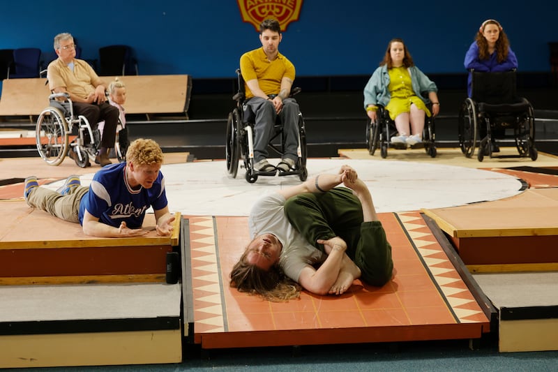 Peter Kearns, Mark Fitzgerald, Eric Fitzgerald, Ferdia MacAonghusa and  Sorcha Curley amid rehearsals with Sarah Taylor Mooney (right), assistant stage manager. Photograph: Alan Betson/The Irish Times

