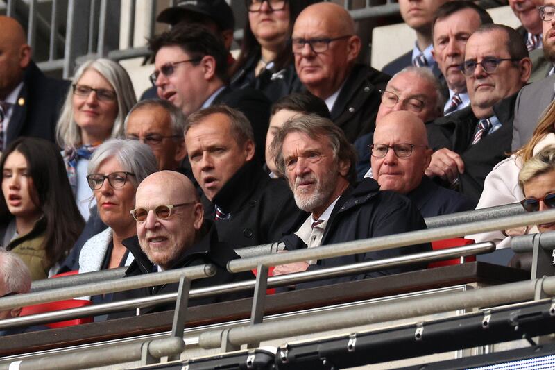 Avram Glazer, and Sir Jim Ratcliffe, Shareholders of Manchester United, look on from the stands  during the FA Cup semi-final. Photograph: Richard Heathcote/Getty Images