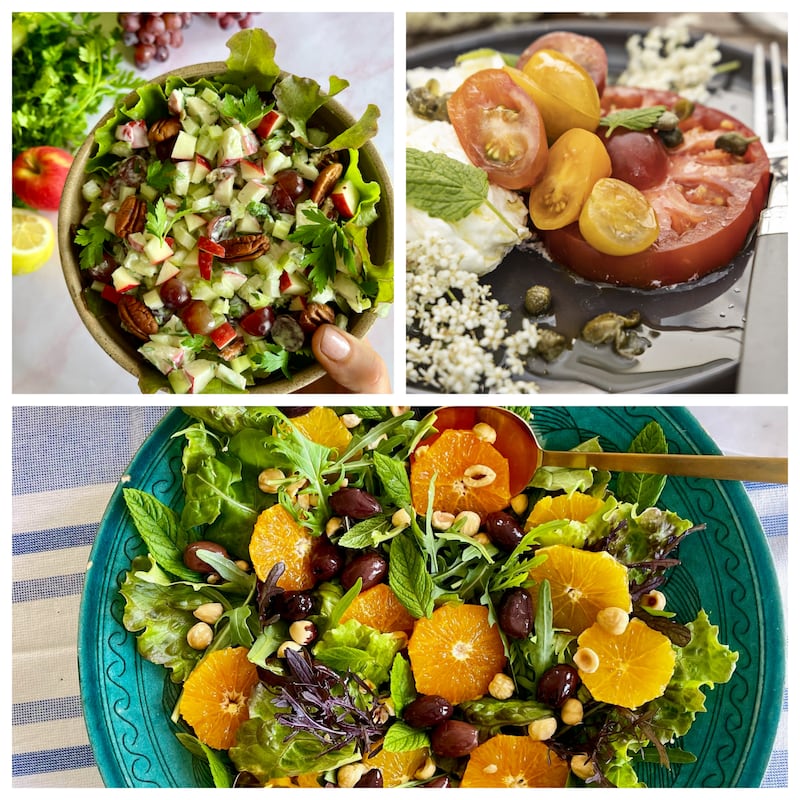 Three salads (from top right): Waldorf salad; Heirloom tomatoes with buffalo mozzarella; and orange, olive and mint salad. Photographs: Lilly Higgins, Harry Weir