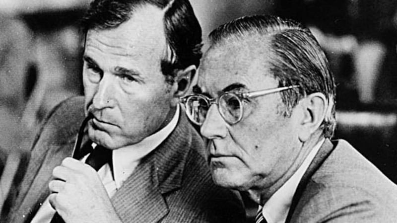 George HW Bush (left) former Director of the Central Intelligence Agency, with his predecessor, William E. Colby, during testimony before the Senate Select Committee on Intelligence in Washington, in  April 1978. Photograph: The New York Times