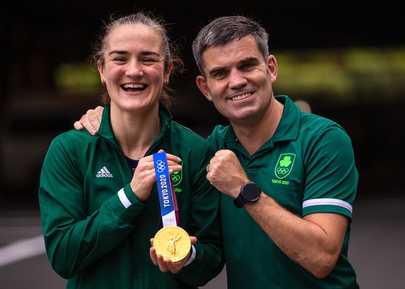 Ireland’s Kellie Harrington and former high performance director Bernard Dunne celebrate with her gold medal. Photograph: James Crombie/Inpho