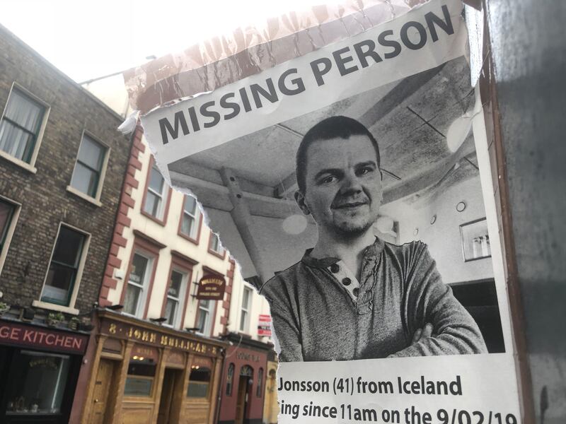 A missing person poster in Dublin of Jon Jonsson (41) who vanished in Dublin in 2019 after coming to play poker during a 10-day holiday. Photograph: Brenda Fitzsimons/The Irish Times