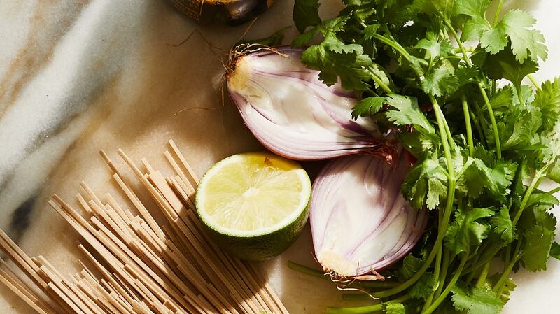 Ingredients gathered for soba noodles with ginger broth and crunchy ginger.