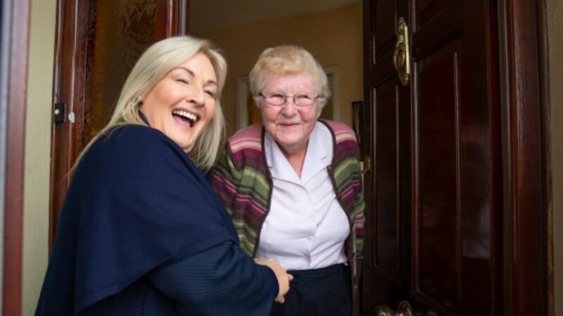 Fine Gael election candidate Verona Murphy meets Louise Hennessey while canvassing in New Ross, Co Wexford. Photograph: Patrick Browne.