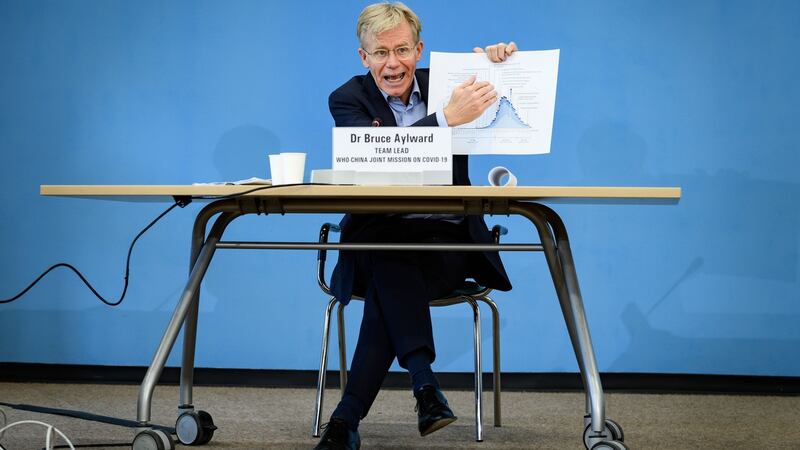 Bruce Aylward, leader of a joint mission between the World Health Organisation (WHO) and China on Covid-19, during a press conference at WHO headquarters in Geneva, Switzerland. Photograph: Fabrice Coffrini/AFP via Getty Images