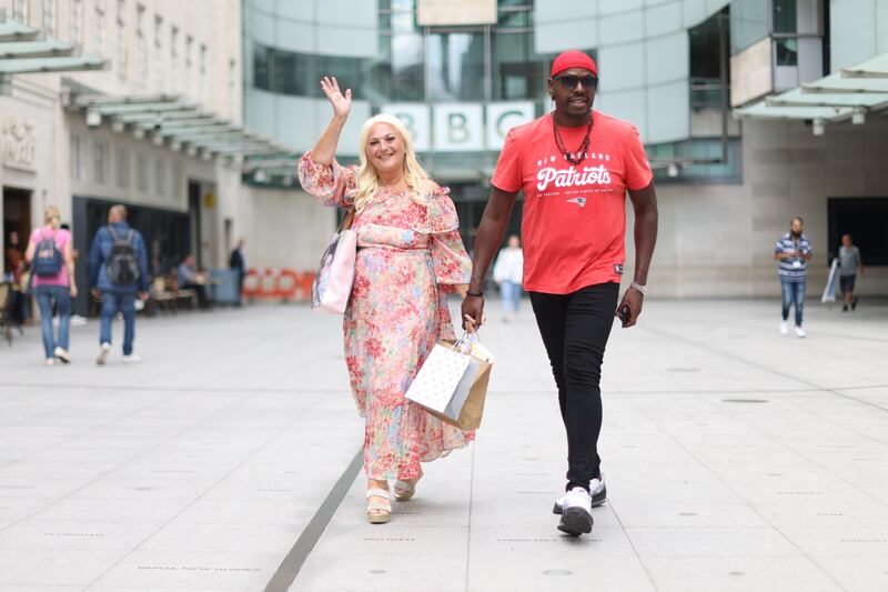 Vanessa Feltz and Ben Ofoedu leave Wogan House in London after bidding a final farewell to Radio 2. Photograph: James Manning/PA