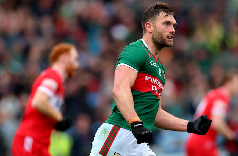 Mayo’s Aidan O'Shea celebrates scoring a point during the preliminary quarter-final against Derry at MacHale Park in June. Photograph: James Crombie/Inpho