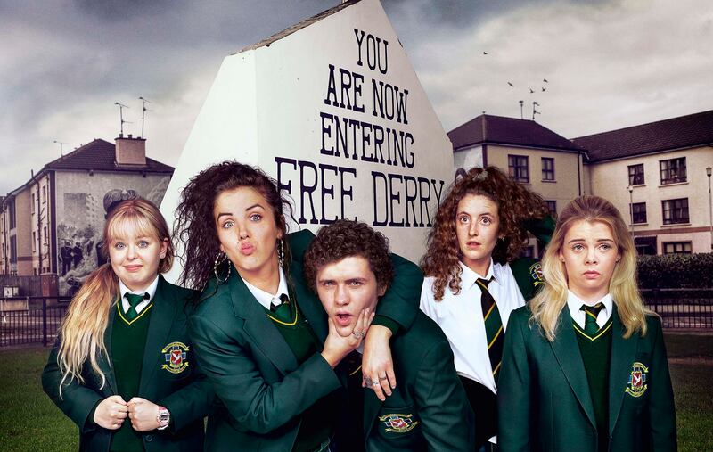 From left: Nicola Coughlan, Jamie-Lee O’Donnell, Dylan Llewellyn, Louisa Clare Harland and Saoirse Monica Jackson in Derry Girls