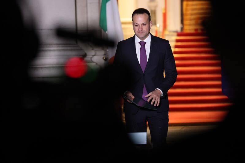 Taoiseach Leo Varadkar addresses the media at Government Buildings about the Windsor Framework. Photograph: Dara Mac Dónaill