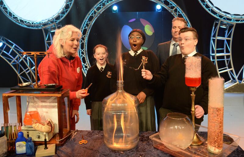 Sue McGrath, AKA ‘Scientific Sue’, with students Sophie Kelly, Rachelle Biayi and Karl Fitzpatrick, from Pobalscoil Neasain, Baldoyle, Dublin and Shay Walsh, Managing Director for BT Ireland, at the launch of the BT Young Scientist & Technology Exhibition Photograph: Dara Mac Dónaill/The Irish Times