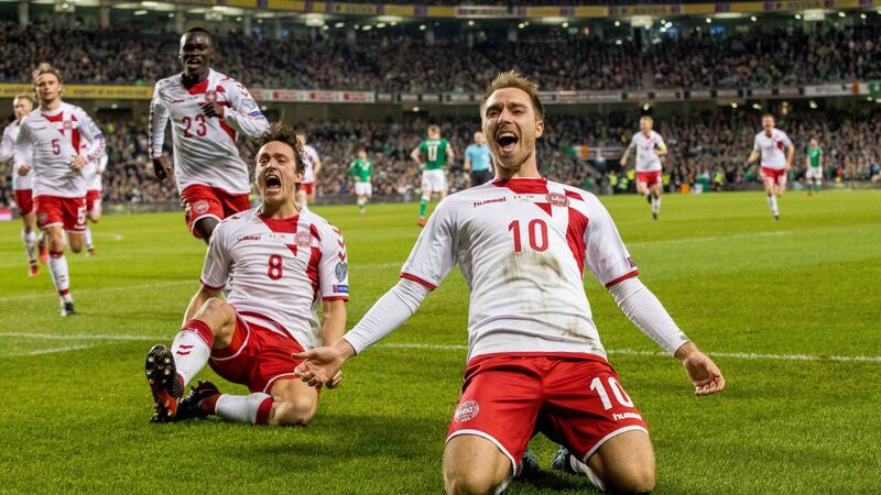 Christian Eriksen scored a hat-trick as Denmark beat Ireland 5-1 in Dublin. Photograph:  Morgan Treacy/Inpho