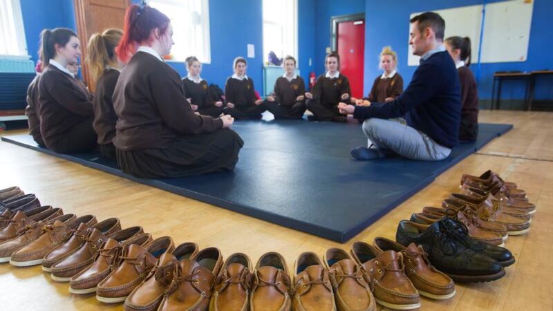 6th year students doing breathing and stress-relief exercises with Peadar Maxwell. Photograph: Patrick Browne