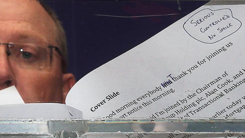 Jeremy Masding, chief executive of Permanent TSB accidentally revealed his notes at a press conference at the bank’s headquarters in Dublin, after an investigation has revealed that serious failures by the bank has led to people losing their homes. Photograph: Brian Lawless/PA