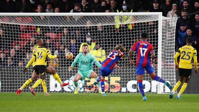 Crystal Palace’s Conor Gallagher scores his side’s second goal during the Premier League match against Watford at Vicarage Road. Photograph:  John Walton/PA Wire