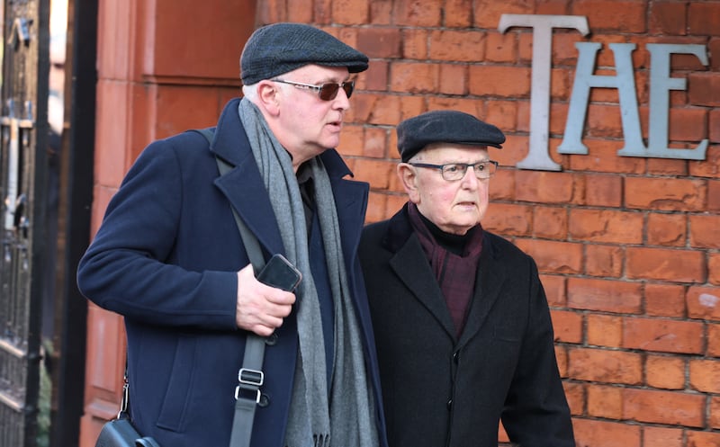 Shane O'Connor's uncle Joseph O'Connor and grandfather Seán O'Connor outside Dublin District Coroner's Court on Monday. Photograph: Collins Courts
