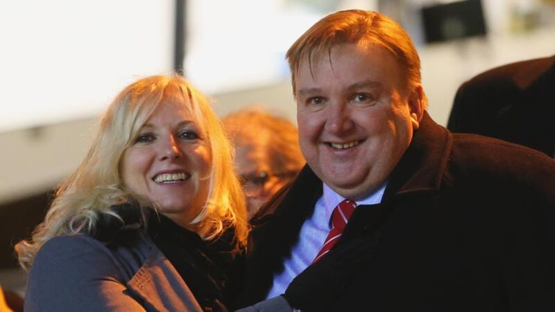 Kidderminster Harriers chairman Mark Serrell celebrates victory over Peterborough United  at London Road Stadium. Photograph:  Julian Finney/Getty Images