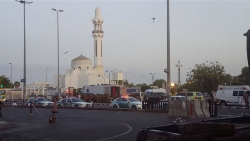 General view of security personnel in front of a mosque as police stage a second controlled explosion, after a suicide bomber was killed and two other people wounded in a blast near the US consulate in Jeddah, Saudi Arabia, in this still frame taken from video on July 4th, 2016. Photograph: Reuters TV