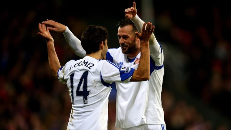 Jordi Gomez (left) of Sunderland celebrates with team-mate Steven Fletcher of Sunderland after scoring against Crystal Palace   at Selhurst Park. Photograph:   Ian Walton/Getty Images