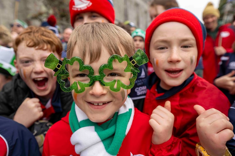 Harry Hartmann, togged out for Galway Bay Rugby Club, with his friends at the St Patrick's Day Parade at the University of Galway. Photograph: Andrew Downes/xposure