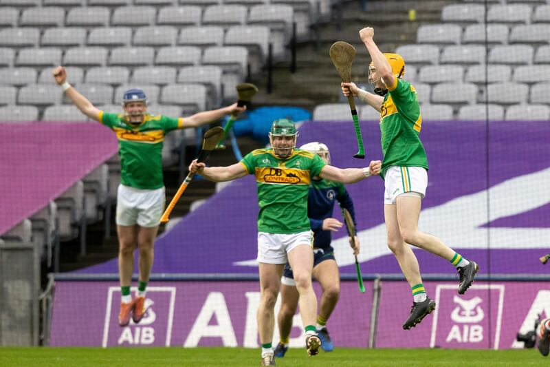 Dunloy players celebrate at the final whistle of All-Ireland Senior Club Championship semi-final against St Thomas at Croke Park. Photograph: Morgan Treacy/Inpho