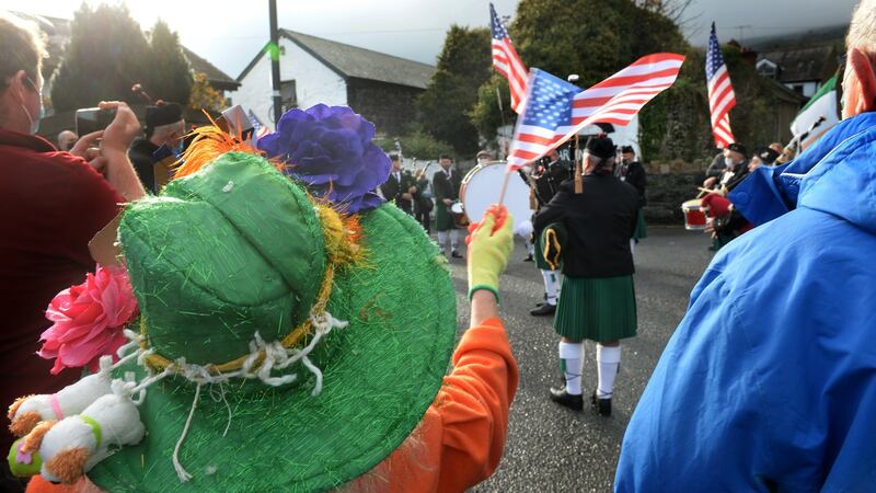 Carlingford Pipe Band joined the Irish For Biden campaign during a celebratory parade in Carlingford, Co Louth on Sunday. Photograph: Dara Mac Donaill / The Irish Times