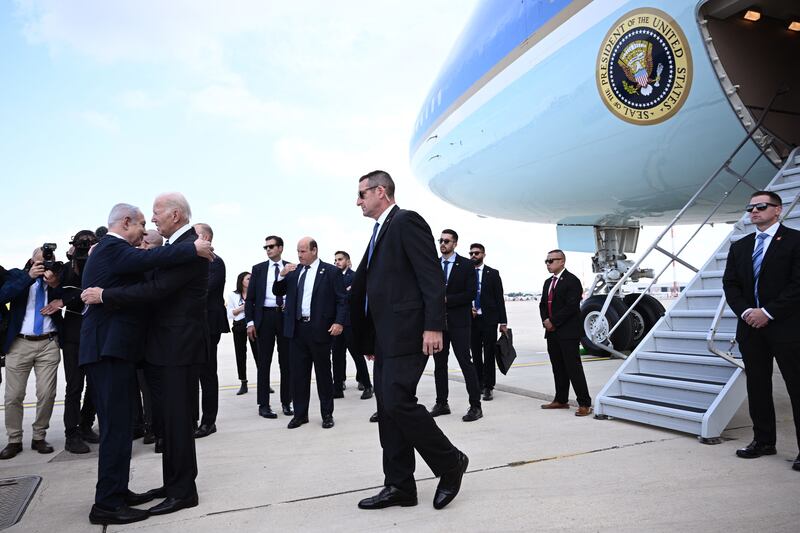 Israel prime minister Binyamin Netanyahu hugs US president Joe Biden upon his arrival at Tel Aviv's Ben Gurion airport on October 18th. Photograph: Brendan Smialowski/AFP via Getty Images