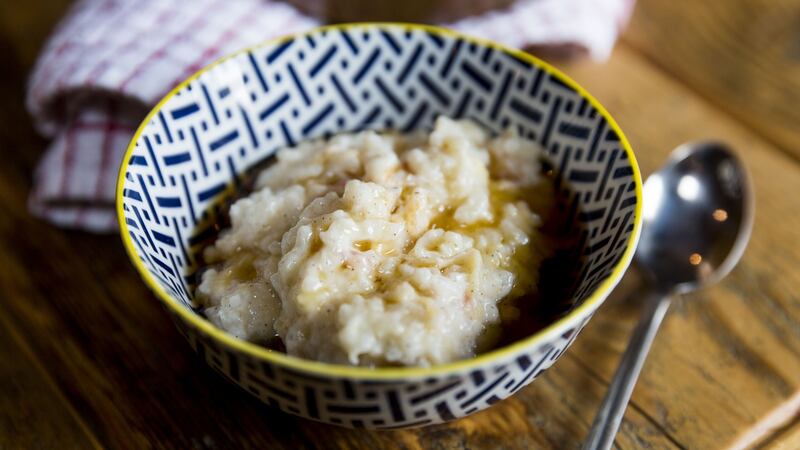 Rice pudding with cinnamon, cardamom, apple & maple syrup.  Photograph: Emma Jervis