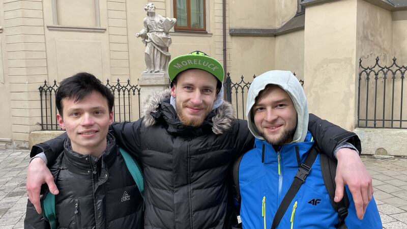 : Lviv students Marian Kyrychenko, Yuriy Kuzyk and Dmytro Prokopiv are helping police spot suspicious activity as part of a volunteer patrol scheme. Photograph: Daniel McLaughlin