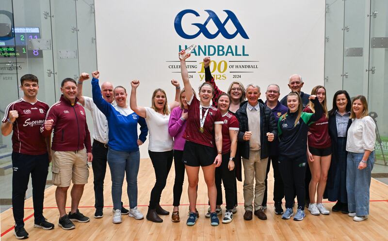 Galway's Ciana Ní Churrraoin celebrates with supporters after winning the women's open final at the O'Neills.com World 4-Wall Championships at Croke Park. Photograph: Stephen Marken/Sportsfile