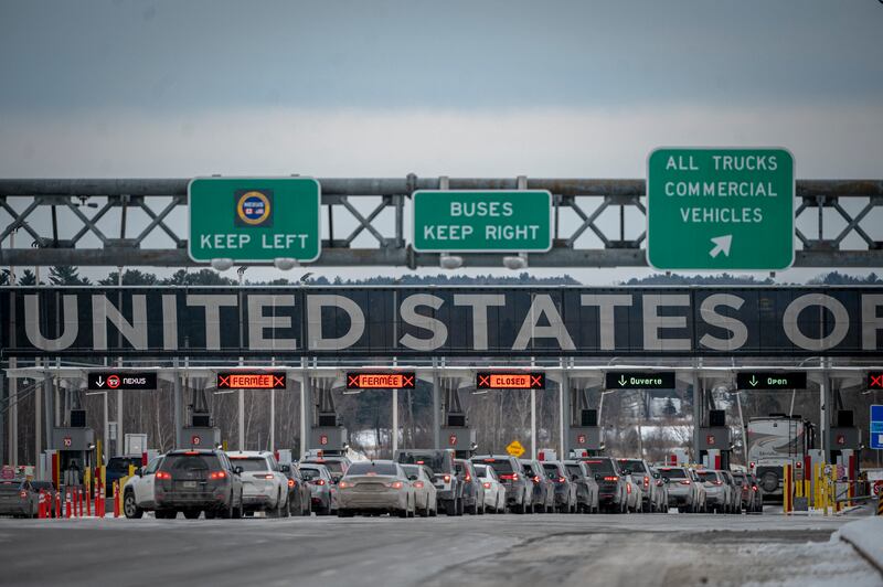 Cars wait in line to enter the US at the Canada-US border in Blackpool, Quebec, Canada. Canada will hit back at US tariffs with 25 per cent levies of its own on select American goods, prime minister Justin Trudeau has said. Photograph: Andrej Ivanov/AFP via Getty Images        