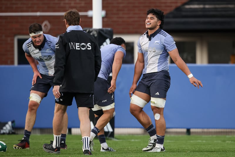 Wallace Sititi with New Zealand team-mates during squad training at Wanderers RFC in Dublin on Wednesday in advance of Friday's Test encounter with Ireland. Photograph: Ben Brady/Inpho