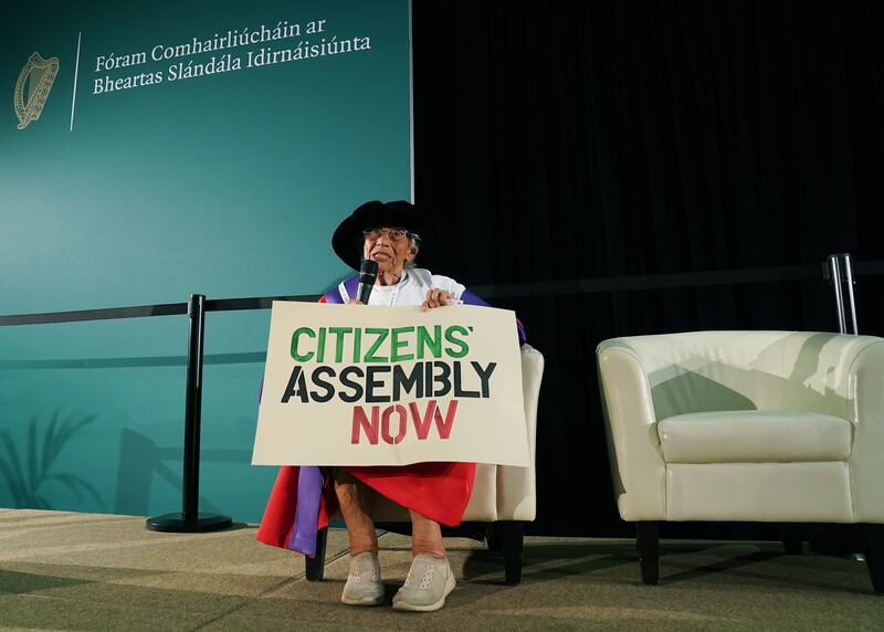 Peace campaigner Margaretta D'Arcy speaks at the Consultative Forum on International Security Policy at University of Galway, last Friday.  Photograph: Brian Lawless/PA Wire