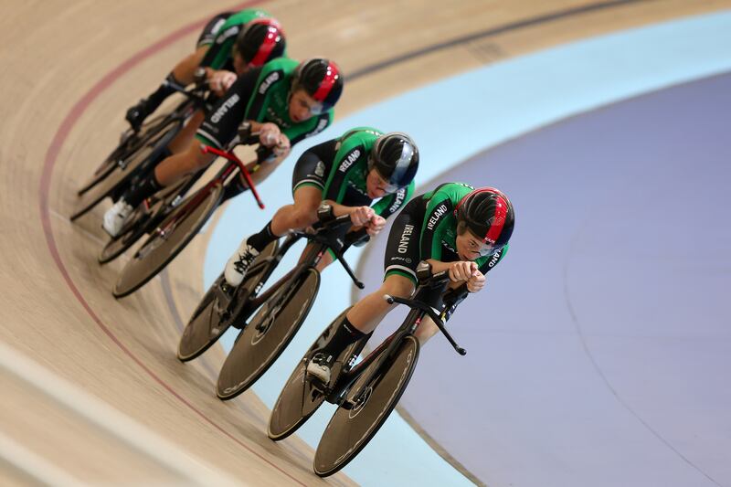 Ireland's Lara Gillespie, Mia Griffin, Kelly Murphy and Alice Sharpe during the 2024 Track Nations Cup at the Adelaide Superdrome on February 2024 in  Australia. Photograph: Sarah Reed/Getty Images