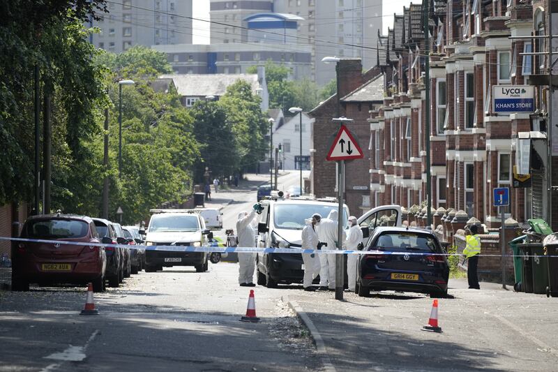 Forensic police investigate a van parked in an area of Bentinck Road which is potentially connected with a major incident on Tuesday in Nottingham, England. Photograph: Christopher Furlong/Getty