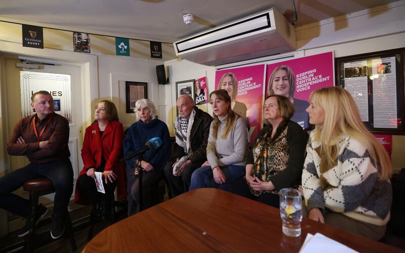  Clare Daly is pictured (centre) with supporters who spoke at the event (from left) Cllr Ciaran Perry, Patricia McKenna, former MEP, Maureen O'Sullivan, former TD,  David Hickey, former Dublin GAA star, Bernadette Devlin McAliskey. former MP and activist, and Geraldine Molloy, Community Activist. Photo: Bryan O’Brien
