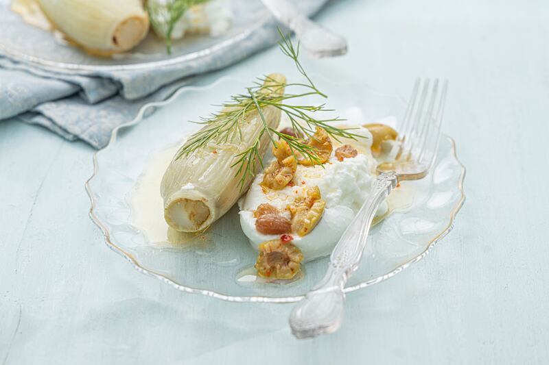 Mozzarella, fennel, olive and raisin vinaigrette. Photograph: Harry Weir Photography
