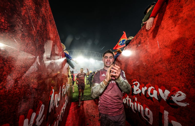 Munster’s Jack Crowley after the victory over Saracens at Thomond Park on Saturday. Photograph: Billy Stickland/Inpho 