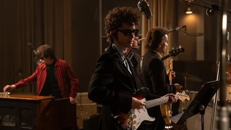 Timothée Chalamet as Bob Dylan in A Complete Unknown