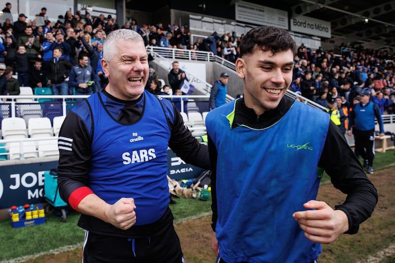 Sarsfields coach Diarmuid O'Sullivan celebrates after the final whistle in the All-Ireland senior club hurling semi-final against Slaughtneil. Photograph: Ben Brady/Inpho