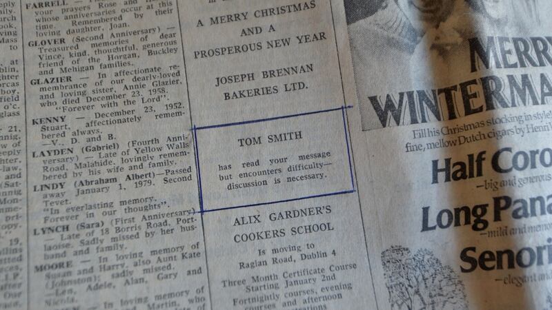 The Irish Times on   December 22nd, 1979 which contains an ad used by the State to communicate with a foot and mouth disease ransom demand at the time. Photograph: Alan Betson / The Irish Times