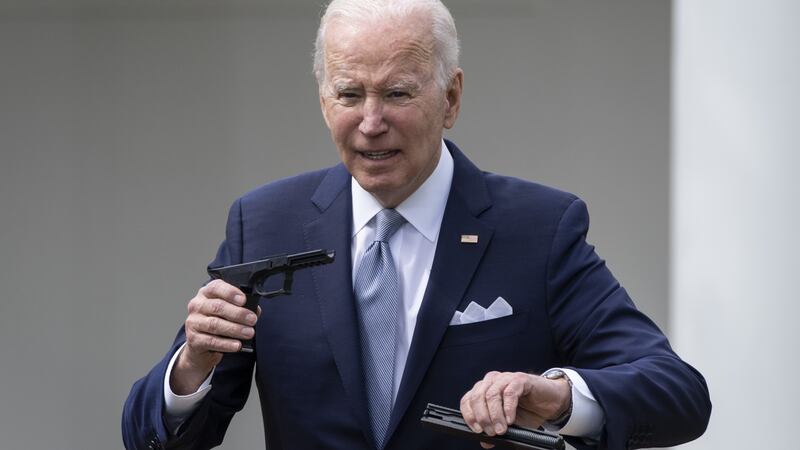 US President Joe Biden holds up a ghost gun kit during a press conference at the White House on Monday April 11th, 2022. Photograph:  Drew Angerer/Getty Images