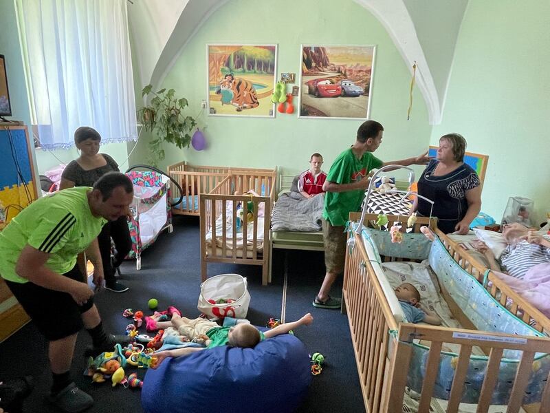 Residents of the Rozdil centre for boys and young men with special needs in western Ukraine. Photograph: Daniel McLaughlin