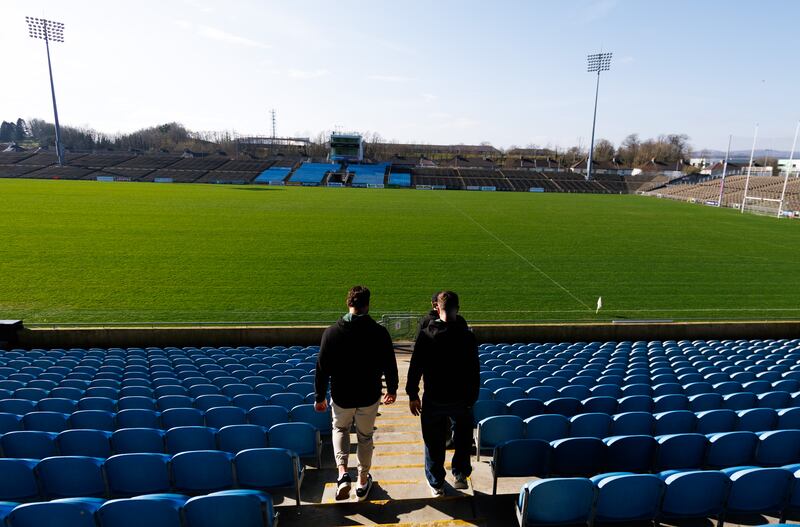 Connacht's Shayne Bolton, Jack Carty and Shamus Hurley-Langton visit MacHale Park ahead of the URC game against Munster on Saturday. Photograph: James Crombie/Inpho