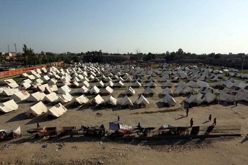 Temporary tent housing is provided for flood victims by the JDC Foundation in the Larkana district of Sindh, Pakistan. Photograph: Fareed Khan/AP