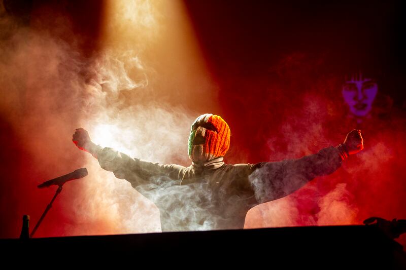 DJ Próvaí of Kneecap performing at the 3Olympia Theatre. Photograph: Tom Honan