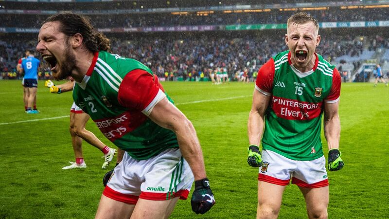 All-Ireland Senior Football Championship Semi-Final: Mayo’s Pádraig O’Hora and Ryan O’Donoghue celebrate a famous victory over Dublin. Photograph: James Crombie/Inpho