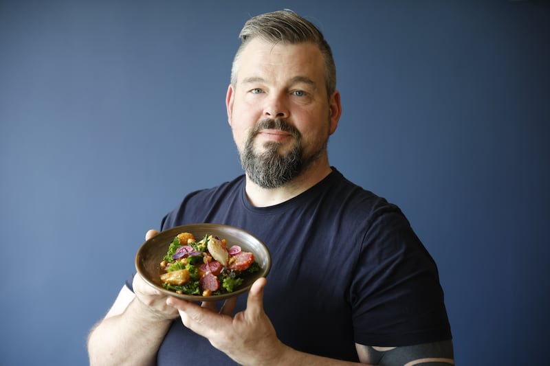 Bearú chef and owner Dave Rowley with a roast heirloom beetroot, baby potatoes, kale and hazelnut salad. Photograph: Nick Bradshaw