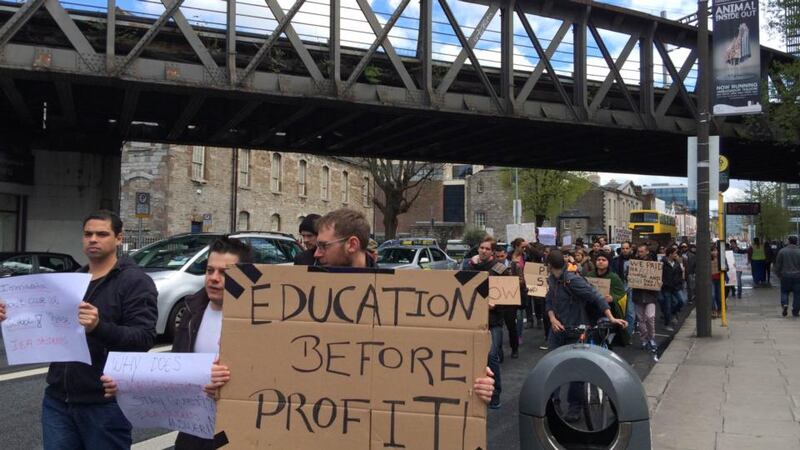 “Education before profit” - protesters marched through Dublin on Tuesday. Photograph: Sorcha Pollak