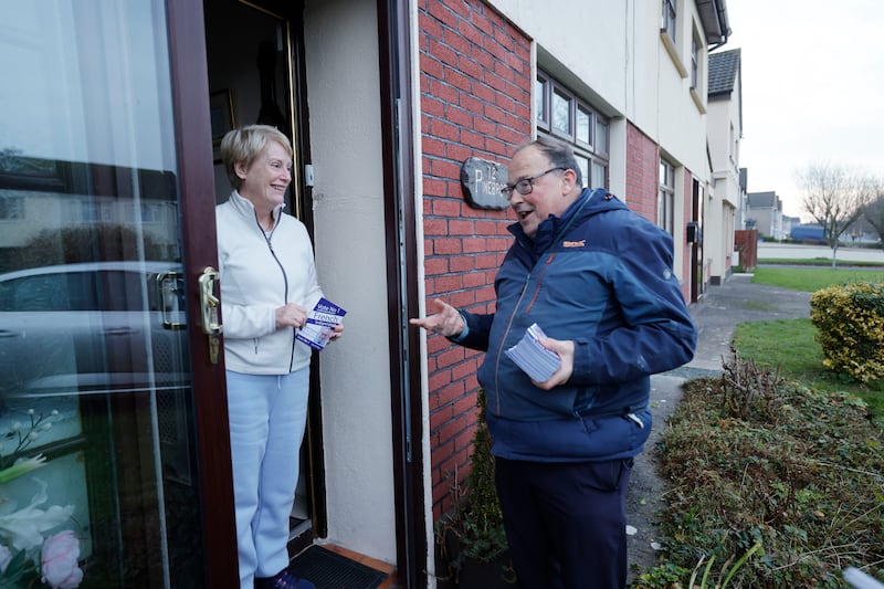 Cllr Noel French, an Independent candidate running in Meath West, speaks to Helen Mercer while canvassing in Trim. Photograph: Alan Betson

